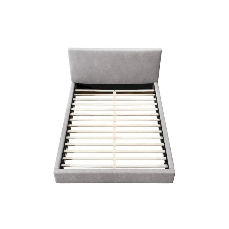 Lit plateforme rembourré Queen avec plinthe en bois, Boucle crème / Tissu gris