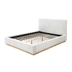 Lit plateforme rembourré Queen avec plinthe en bois, Boucle crème / Tissu gris