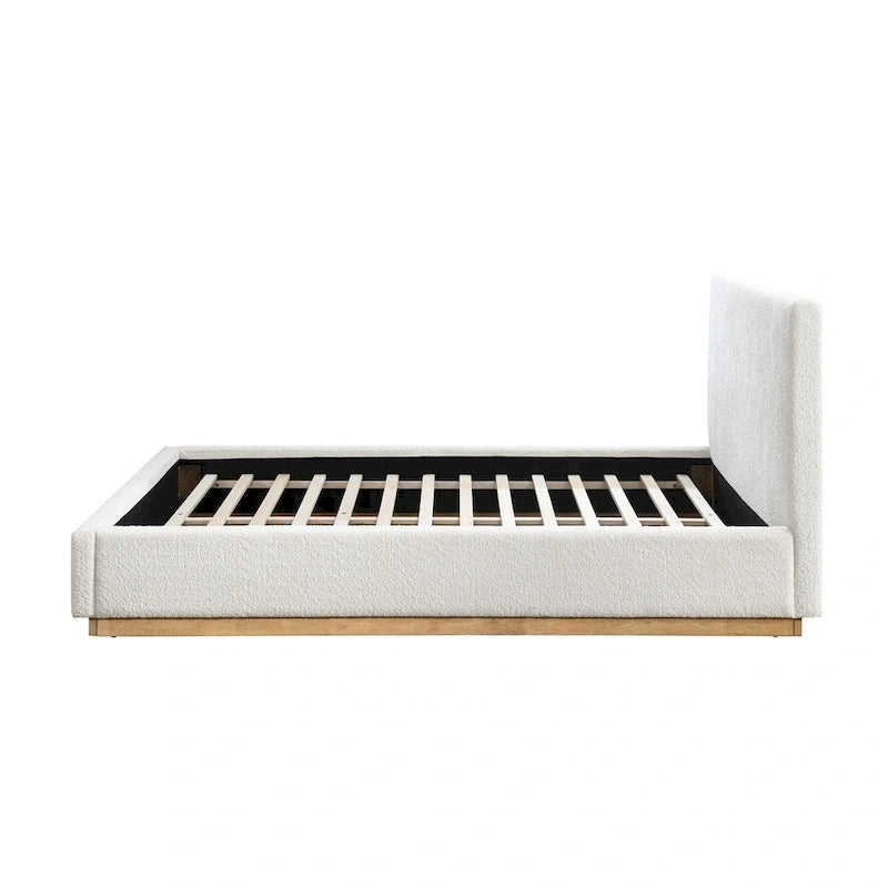 Lit plateforme rembourré Queen avec plinthe en bois, Boucle crème / Tissu gris