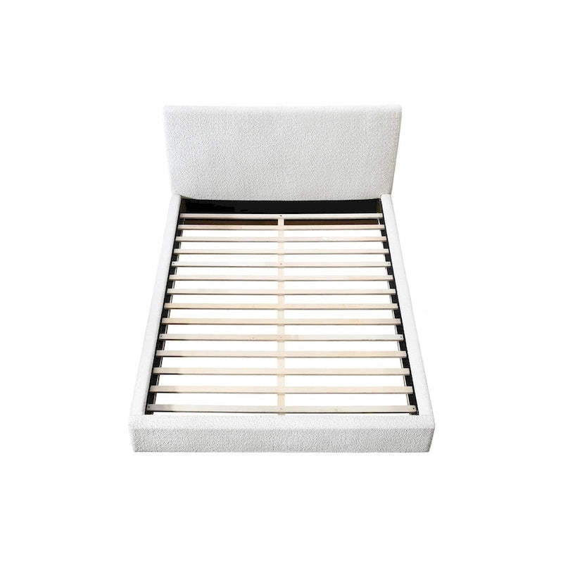 Lit plateforme rembourré Queen avec plinthe en bois, Boucle crème / Tissu gris