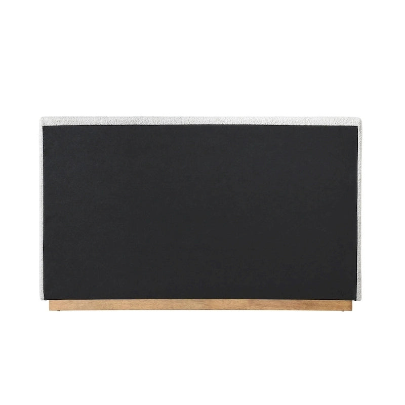 Lit plateforme rembourré Queen avec plinthe en bois, Boucle crème / Tissu gris