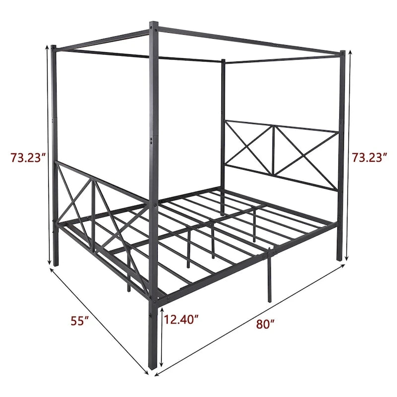 Cadre de lit plateforme double en métal avec cadre en X et tête de lit vintage, noir
