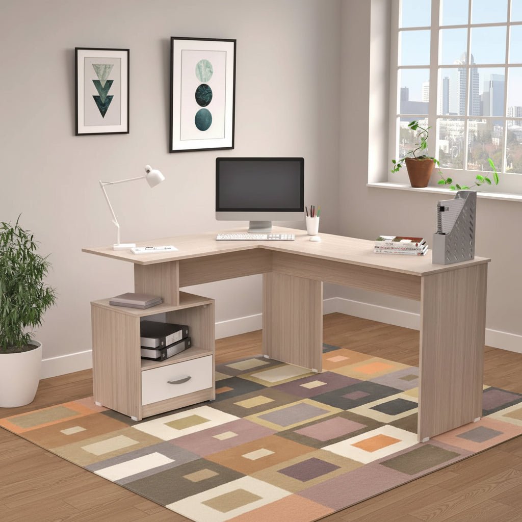 Inval Merlin L-Shape Computer Desk with Cubby