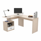 Bureau informatique en L avec casier ouvert et 1 tiroir, Érable / Blanc