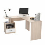 Bureau informatique en L avec casier ouvert et 1 tiroir, Érable / Blanc