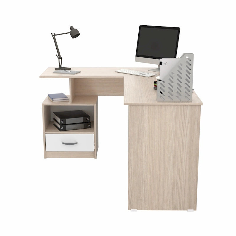 Bureau informatique en L avec casier ouvert et 1 tiroir, Érable / Blanc
