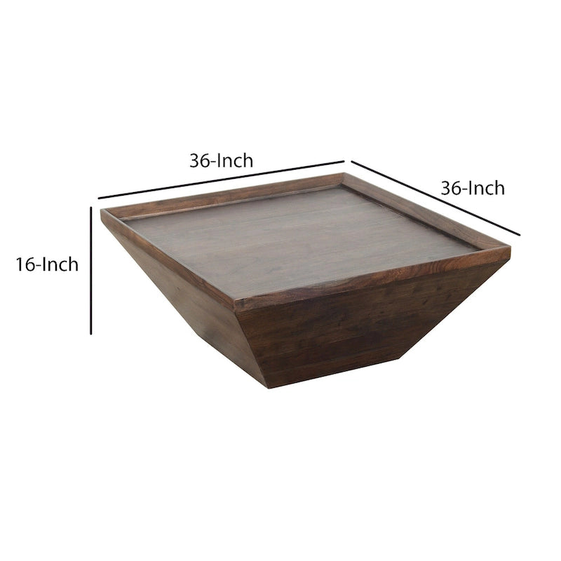 Table basse carrée de 36" en bois d'acacia fait main avec base trapézoïdale, marron, style rustique