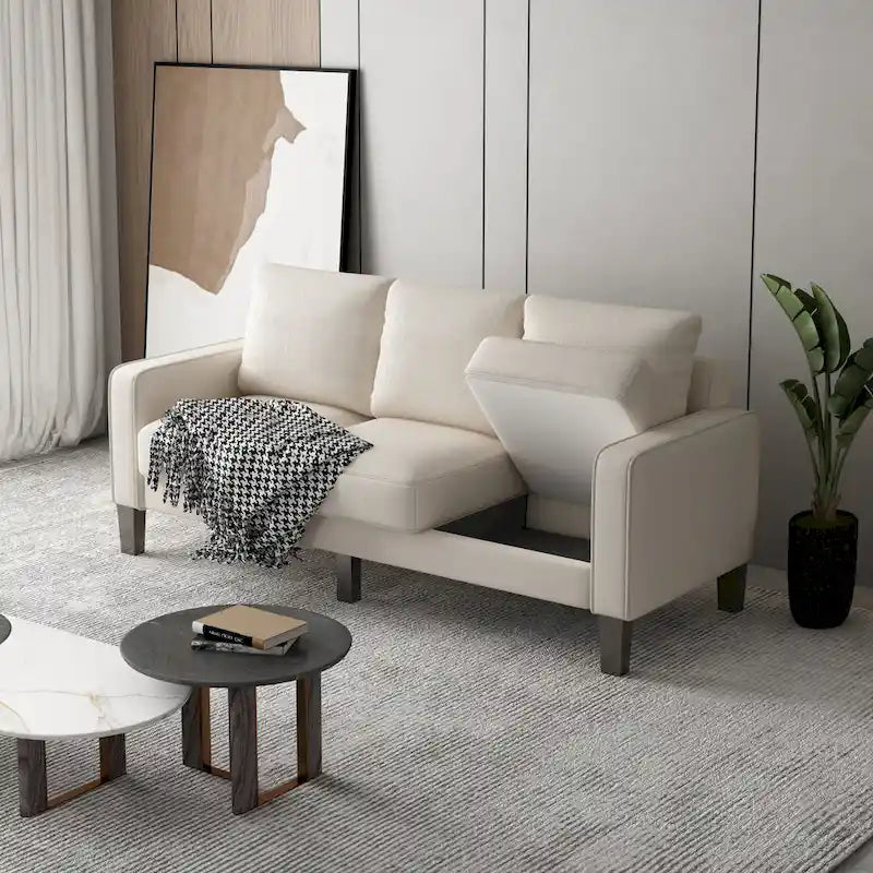 Canapé en tissu moderne avec rangement sous l'assise, beige, 3 places