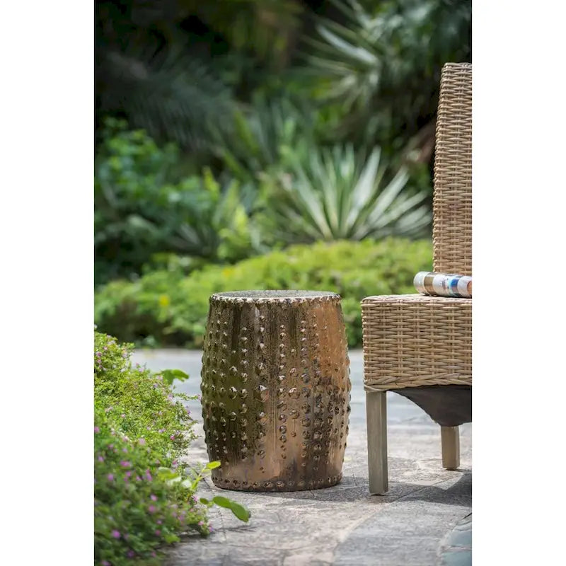 Tabouret de jardin en céramique 45 cm avec motif en relief, bronze/marron, intérieur et extérieur