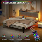 Lit plateforme rembourré avec lumière LED RVB et tête de lit de rangement, gris, double/grand/très grand