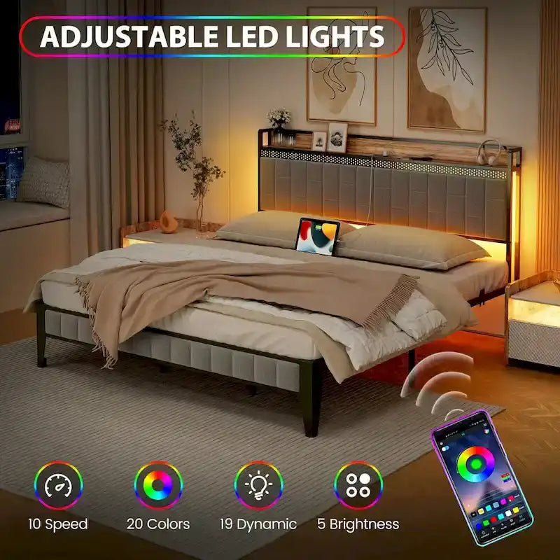 Lit plateforme rembourré avec lumière LED RVB et tête de lit de rangement, gris, double/grand/très grand