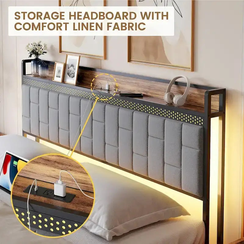 Lit plateforme rembourré avec lumière LED RVB et tête de lit de rangement, gris, double/grand/très grand