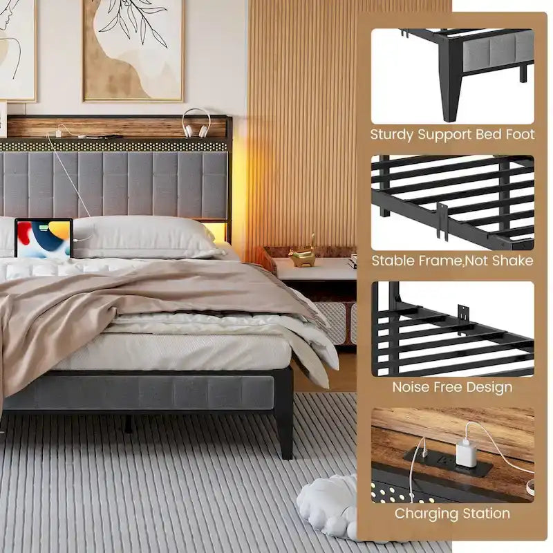 Lit plateforme rembourré avec lumière LED RVB et tête de lit de rangement, gris, double/grand/très grand
