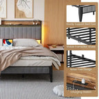 Lit plateforme rembourré avec lumière LED RVB et tête de lit de rangement, gris, double/grand/très grand