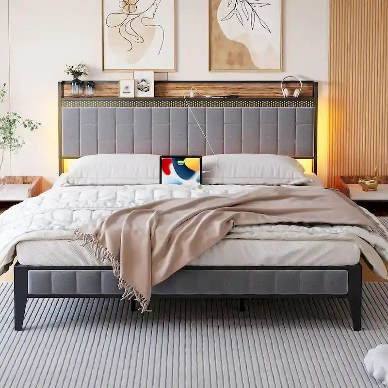 Lit plateforme rembourré avec lumière LED RVB et tête de lit de rangement, gris, double/grand/très grand
