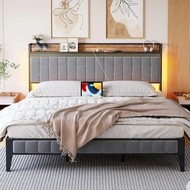 Lit plateforme rembourré avec lumière LED RVB et tête de lit de rangement, gris, double/grand/très grand