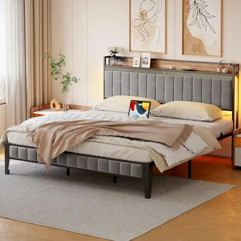 Lit plateforme rembourré avec lumière LED RVB et tête de lit de rangement, gris, double/grand/très grand