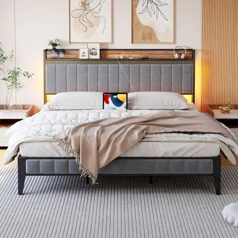 Lit plateforme rembourré avec lumière LED RVB et tête de lit de rangement, gris, double/grand/très grand