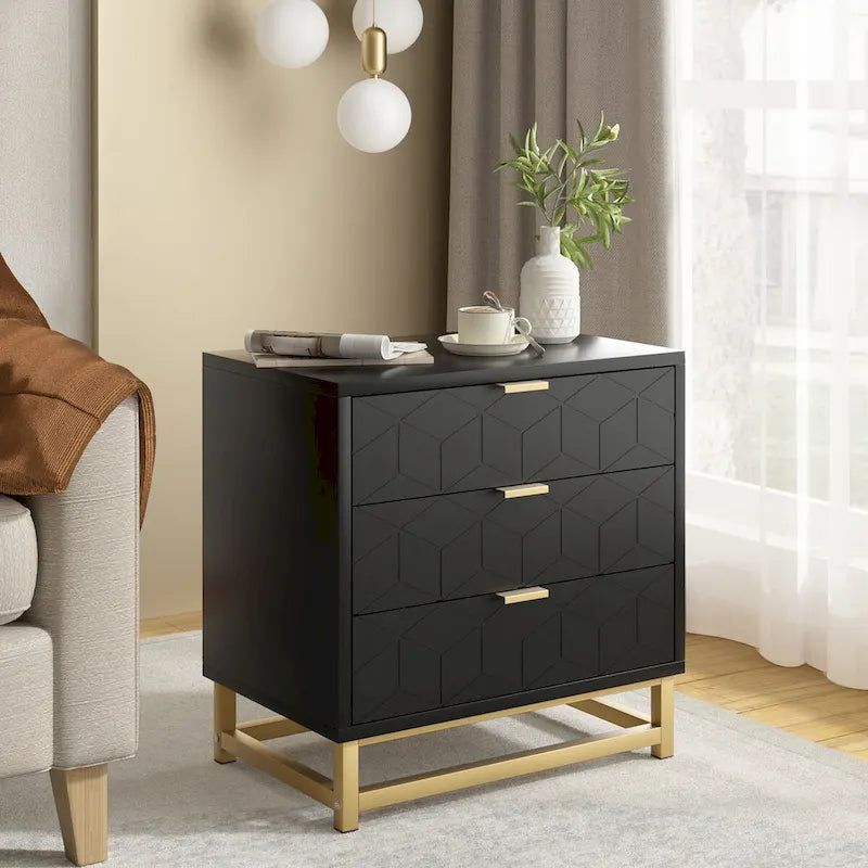 Commode en bois à 3 tiroirs avec façade à motifs et pieds en métal, Blanc / Noir / Gris
