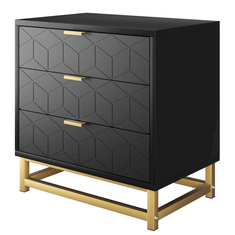 Commode en bois à 3 tiroirs avec façade à motifs et pieds en métal, Blanc / Noir / Gris