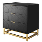 Commode en bois à 3 tiroirs avec façade à motifs et pieds en métal, Blanc / Noir / Gris