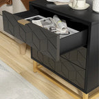 Commode en bois à 3 tiroirs avec façade à motifs et pieds en métal, Blanc / Noir / Gris