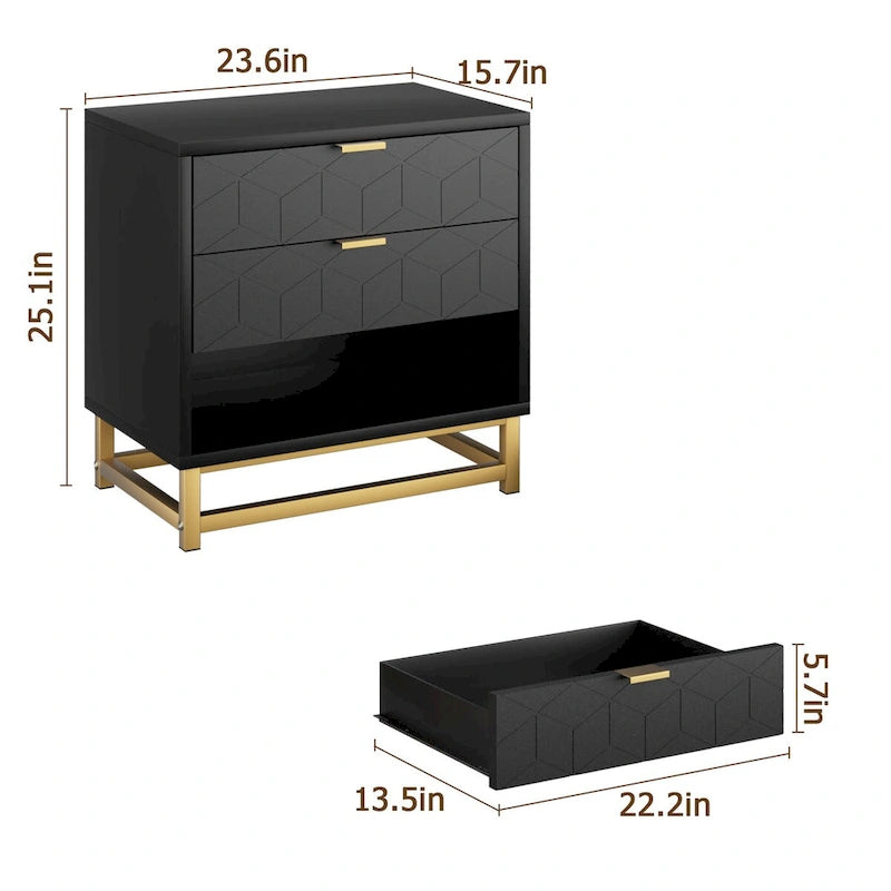 Commode en bois à 3 tiroirs avec façade à motifs et pieds en métal, Blanc / Noir / Gris