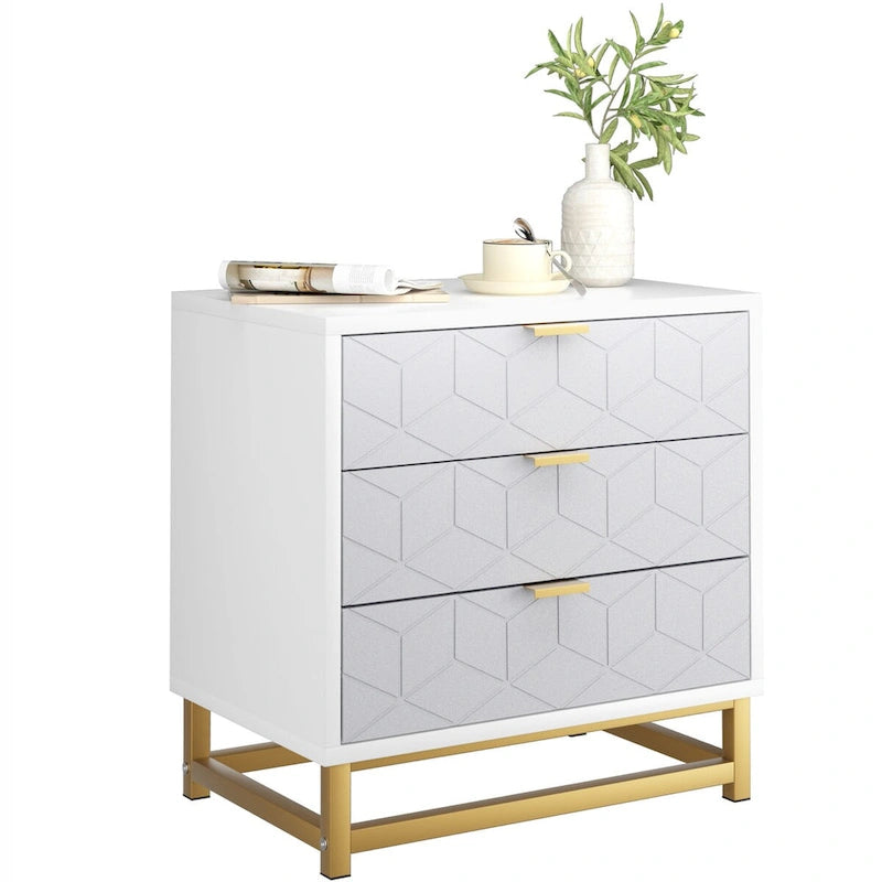 Commode en bois à 3 tiroirs avec façade à motifs et pieds en métal, Blanc / Noir / Gris