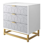 Commode en bois à 3 tiroirs avec façade à motifs et pieds en métal, Blanc / Noir / Gris