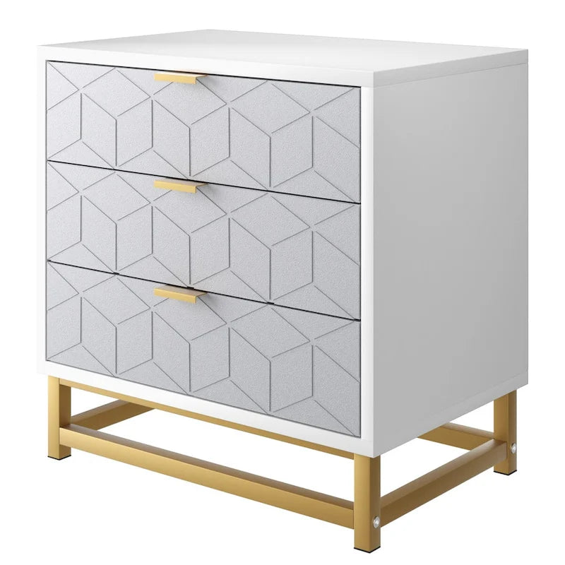 Commode en bois à 3 tiroirs avec façade à motifs et pieds en métal, Blanc / Noir / Gris