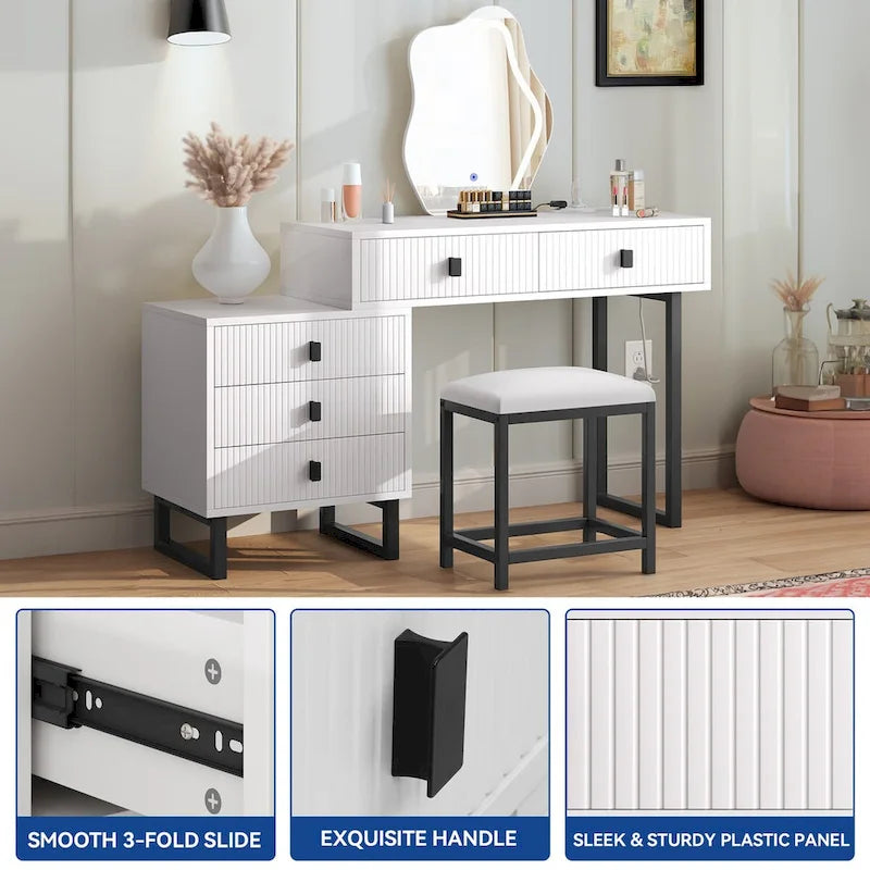 Coiffeuse extensible avec miroir lumineux LED et 5 tiroirs, Noir / Blanc