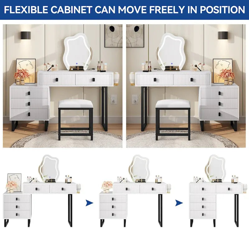 Coiffeuse extensible avec miroir lumineux LED et 5 tiroirs, Noir / Blanc
