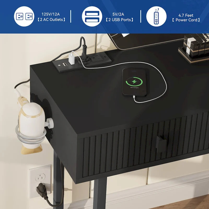 Coiffeuse extensible avec miroir lumineux LED et 5 tiroirs, Noir / Blanc