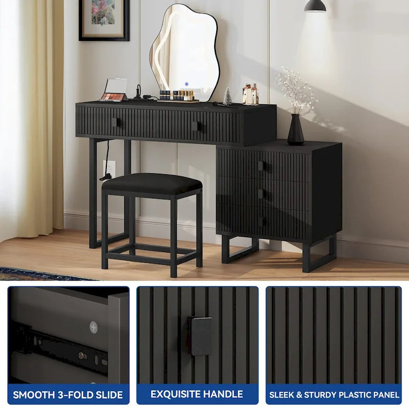 Coiffeuse extensible avec miroir lumineux LED et 5 tiroirs, Noir / Blanc
