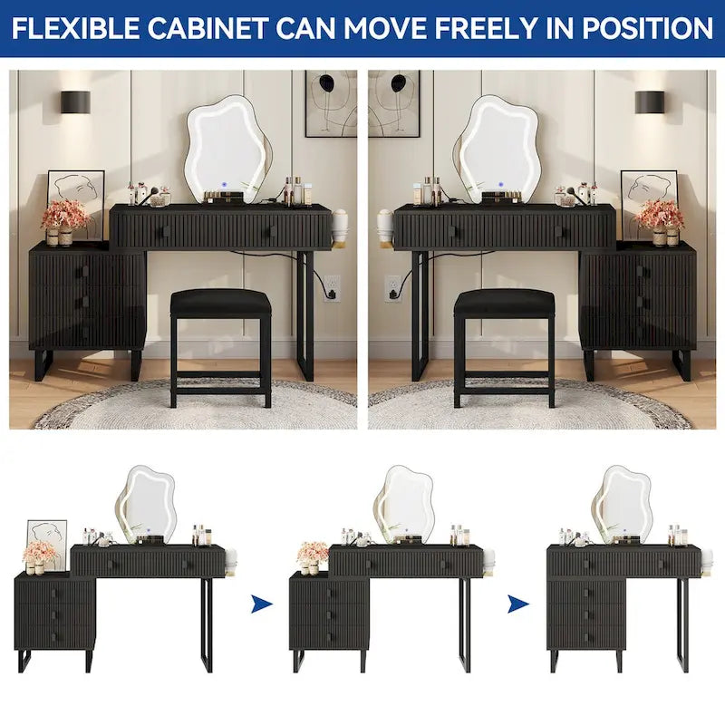 Coiffeuse extensible avec miroir lumineux LED et 5 tiroirs, Noir / Blanc
