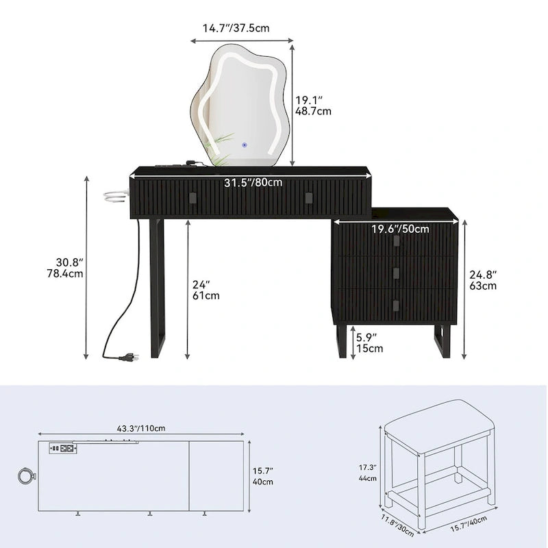 Coiffeuse extensible avec miroir lumineux LED et 5 tiroirs, Noir / Blanc