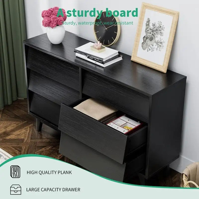 Commode double 6 tiroirs avec poignées cachées et pieds en bois massif, Noir, Style moderne