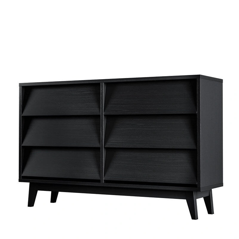 Commode double 6 tiroirs avec poignées cachées et pieds en bois massif, Noir, Style moderne