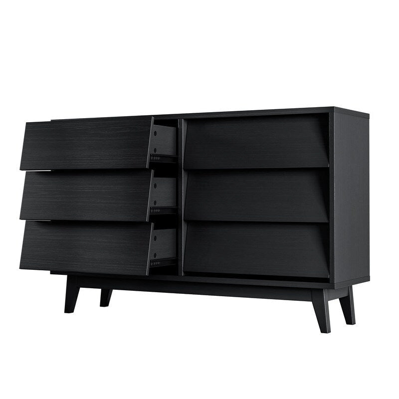 Commode double 6 tiroirs avec poignées cachées et pieds en bois massif, Noir, Style moderne