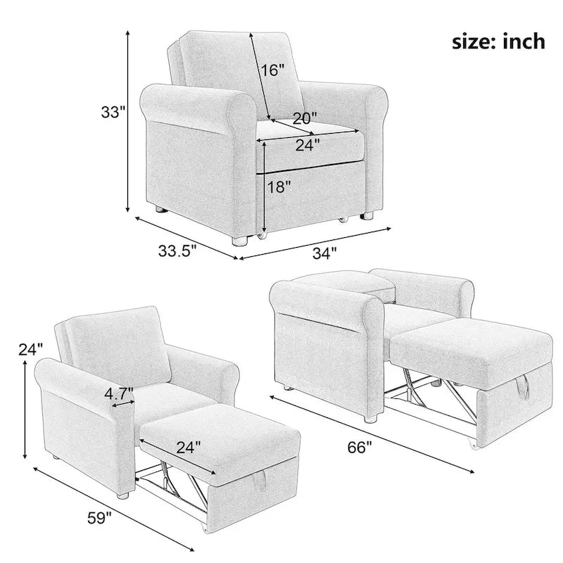 Fauteuil lit convertible 3-en-1, Lin, Plusieurs coloris, Individuel