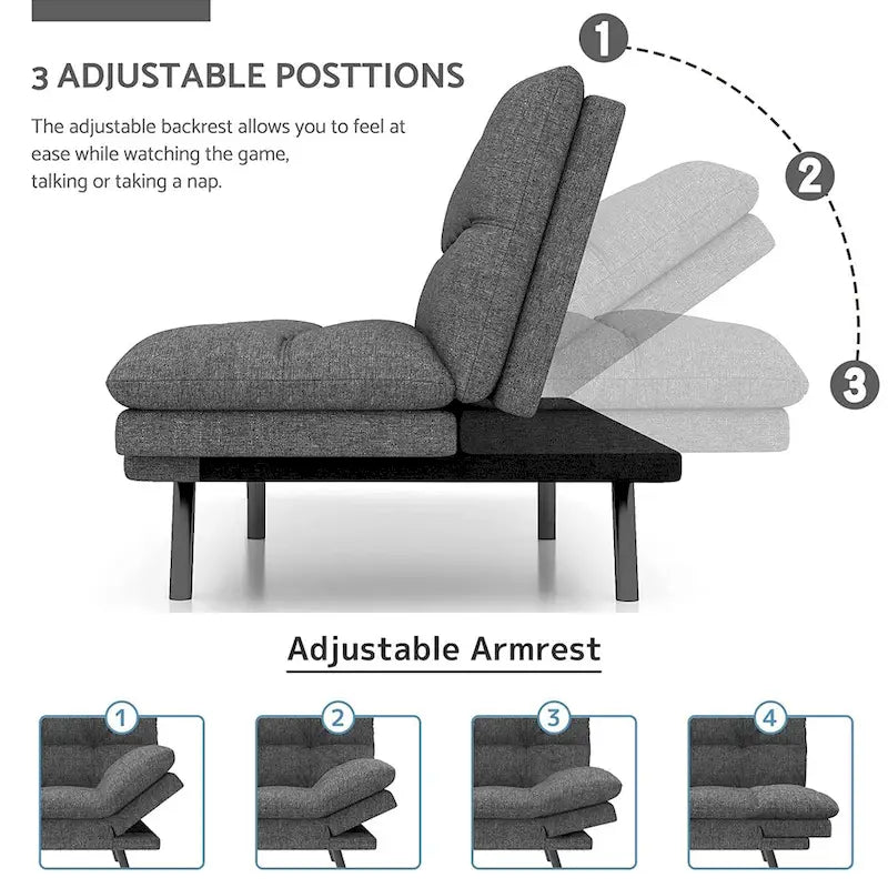 Canapé-lit convertible futon 70,5" avec dossier divisé et accoudoirs réglables, gris clair / gris / marron, 2 places