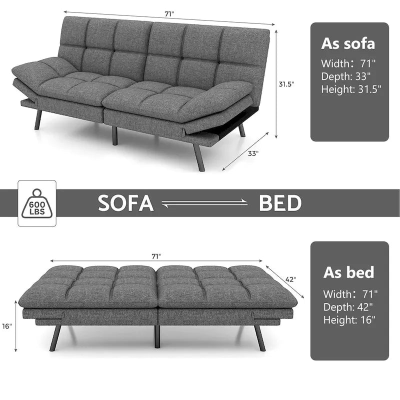 Canapé-lit convertible futon 70,5" avec dossier divisé et accoudoirs réglables, gris clair / gris / marron, 2 places