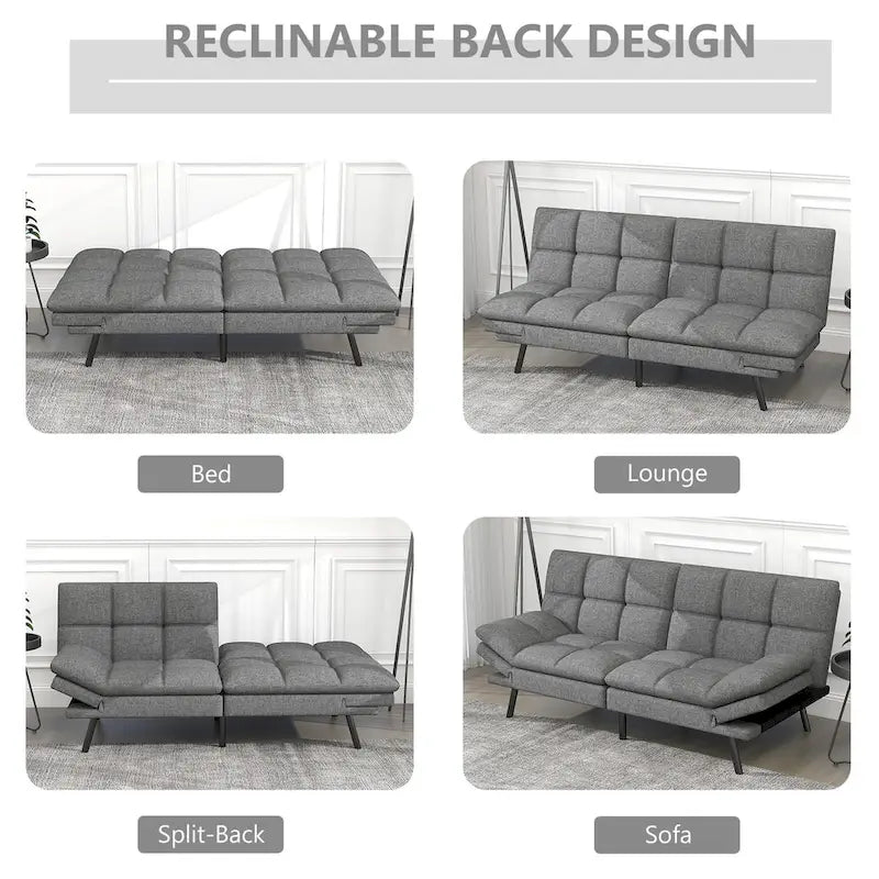 Canapé-lit convertible futon 70,5" avec dossier divisé et accoudoirs réglables, gris clair / gris / marron, 2 places