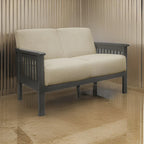 Wiston 50 Inch Loveseat, Beige Polyester, Dark Gray Solid Rubberwood
