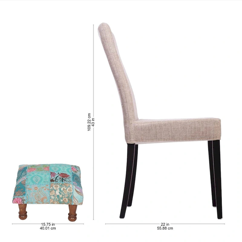 Repose-pieds ottoman brodé et perlé fait main, multicolore (bleu/vert), moyen