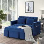 Canapé-lit convertible 2 places en velours 66" avec table rabattable et pochette latérale, bleu marine