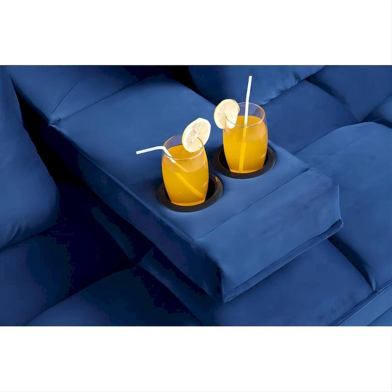 Canapé-lit convertible 2 places en velours 66" avec table rabattable et pochette latérale, bleu marine