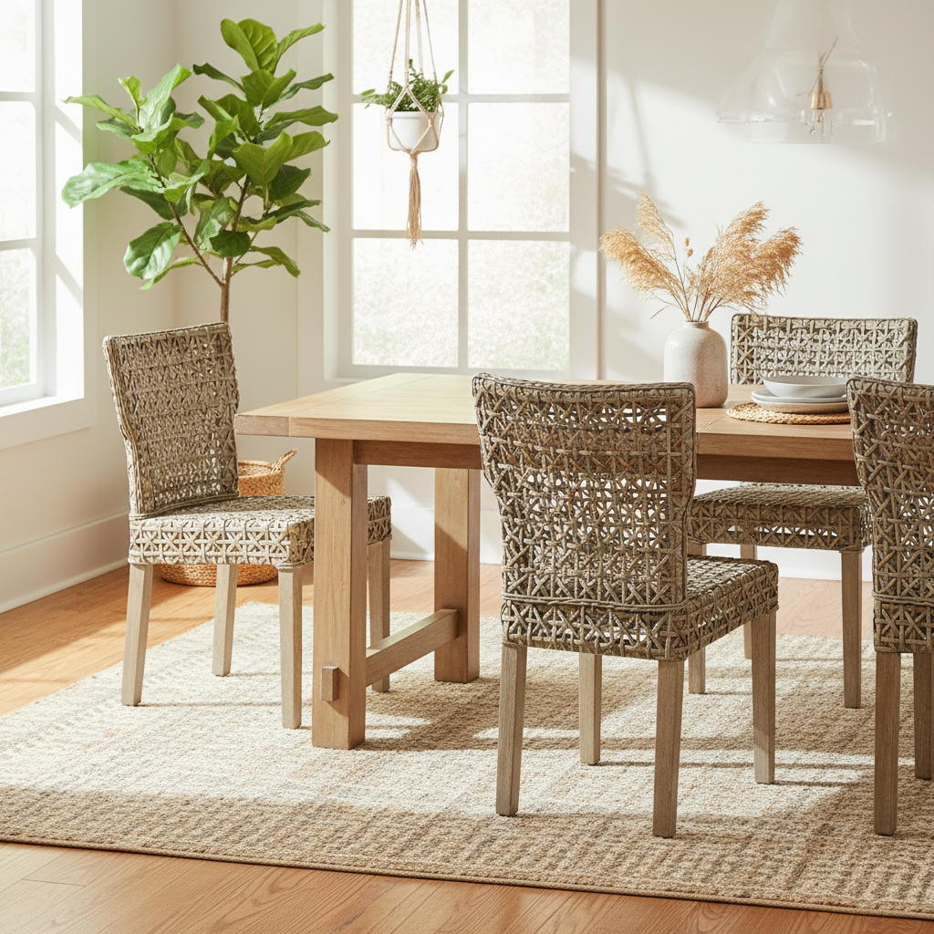 Chaise de salle à manger latérale en rotin tressé avec cadre en bois, gris patiné, simple