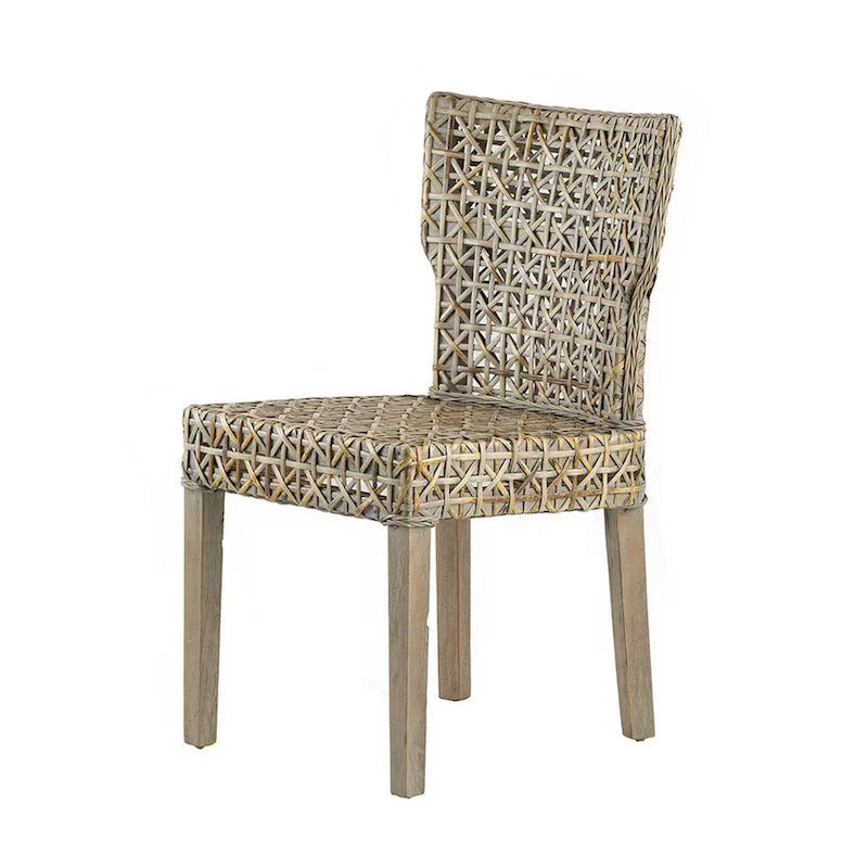Chaise de salle à manger latérale en rotin tressé avec cadre en bois, gris patiné, simple