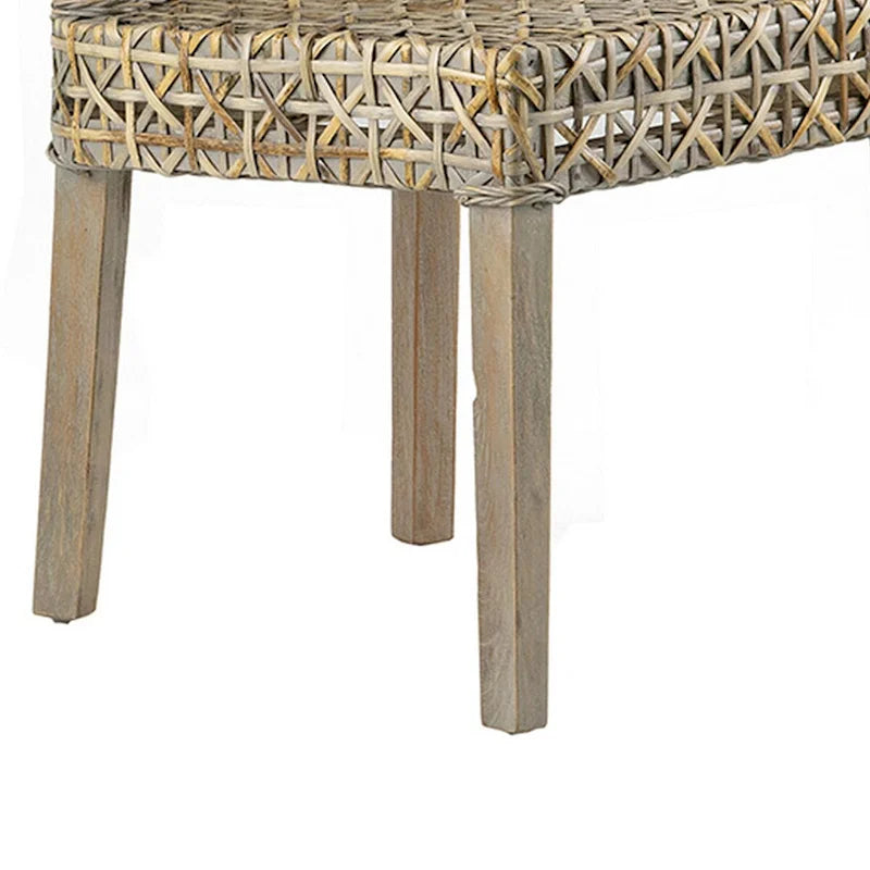 Chaise de salle à manger latérale en rotin tressé avec cadre en bois, gris patiné, simple